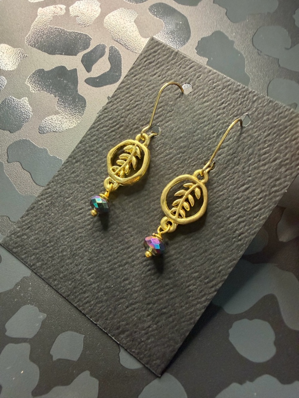 Gold Leaf Drop Earrings with Iridescent Bead